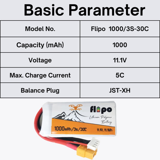 Flipo 1000mAh 3S 30C/60C (11.1V) Lithium Polymer Battery Pack LIPO.