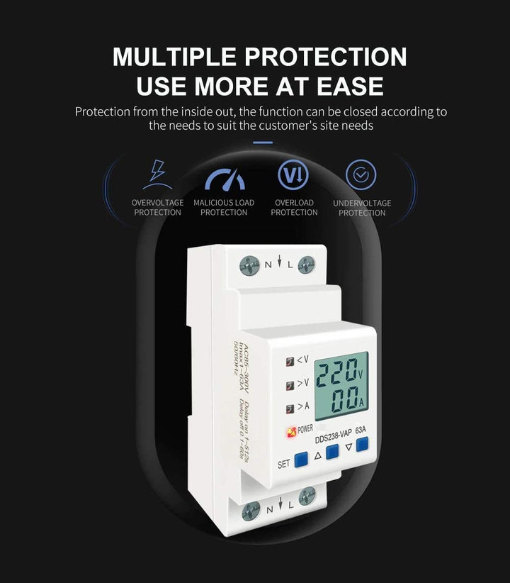 63A 230V Digital Energy Meter with Over/Under Voltage Protection, Over Current/Load Protection and Din Rail Mount - Robodo