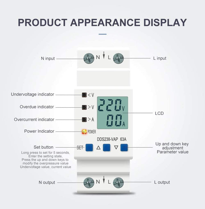 63A 230V Digital Energy Meter with Over/Under Voltage Protection, Over Current/Load Protection and Din Rail Mount - Robodo