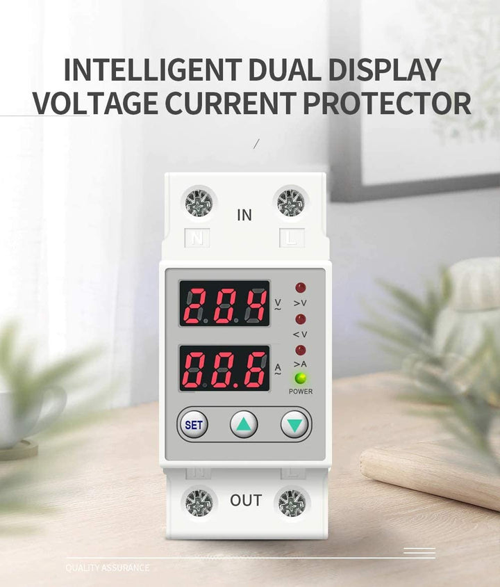 Din Rail 63A 230V Adjustable Over and Under Voltage Protector Relay with Over Current Protection (Single Phase Adjustable) - White - Robodo