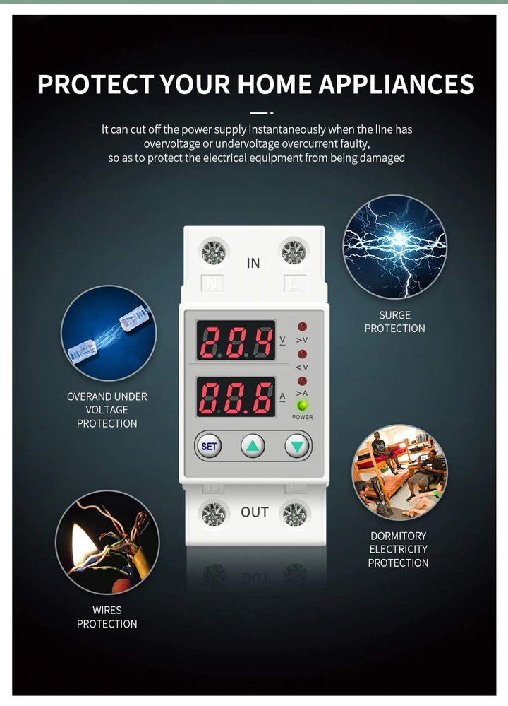 Din Rail 63A 230V Adjustable Over and Under Voltage Protector Relay with Over Current Protection (Single Phase Adjustable) - White - Robodo