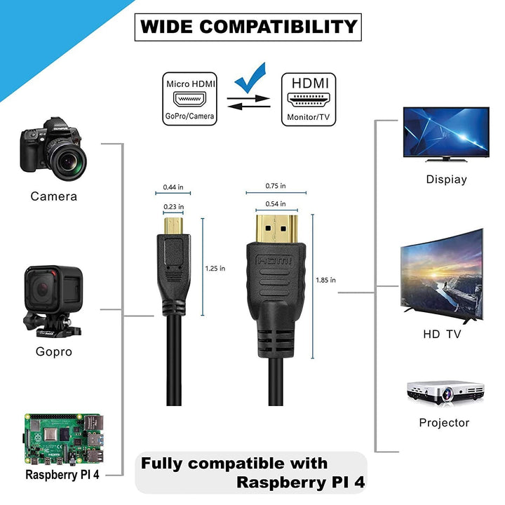 Micro HDMI to HDMI Cable, 4K 60Hz, 1.5 Meter 5 feet, Adapter Ethernet Audio Return Compatible for Raspberry Pi 4 RPI, Raspberry Pi 400, GoPro Hero 7, Sony A6000 A6300 Camera, Nikon B500 - Robodo