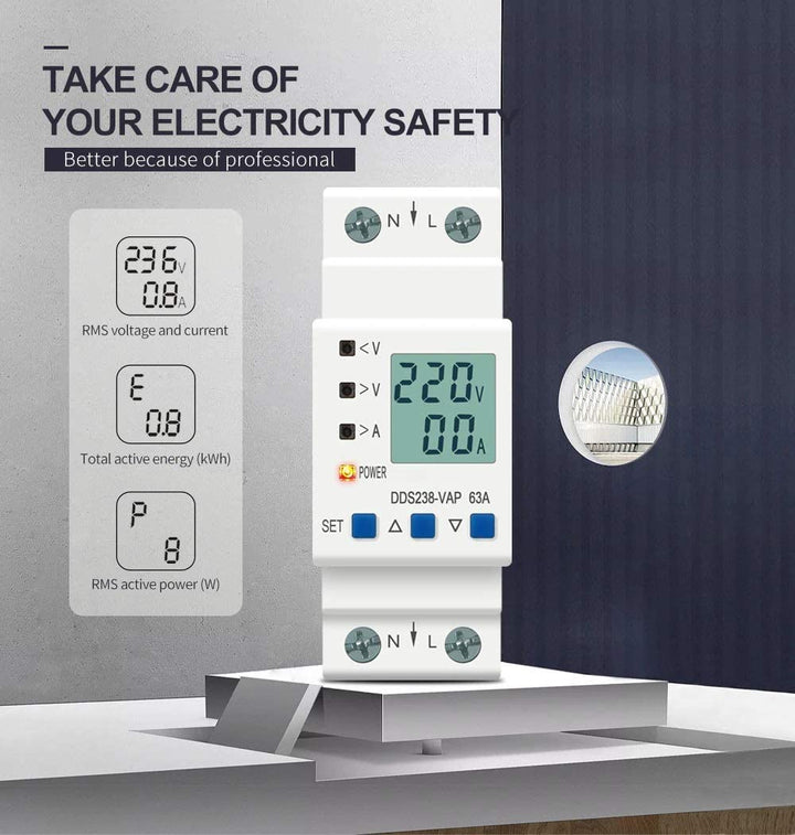 63A 230V Digital Energy Meter with Over/Under Voltage Protection, Over Current/Load Protection and Din Rail Mount - Robodo