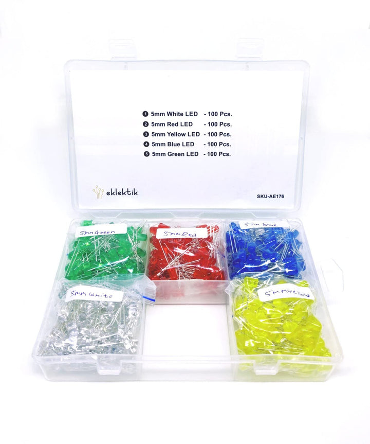 Eklektik 500pcs (5 Colors x 100pcs) 5mm LED Light Emitting Diode Round Assorted Color White/Red/Yellow/Green/Blue Kit Box (5mm-500pcs) - Robodo