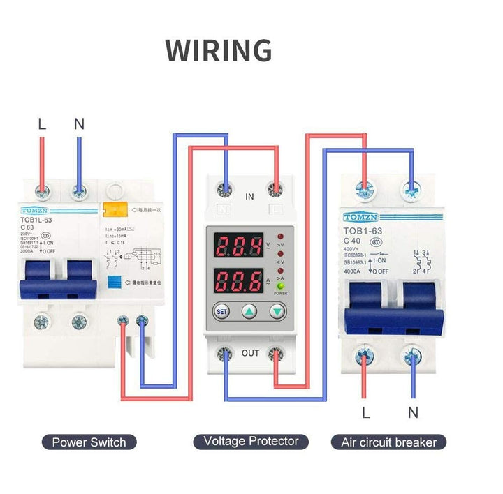 Din Rail 63A 230V Adjustable Over and Under Voltage Protector Relay with Over Current Protection (Single Phase Adjustable) - White - Robodo