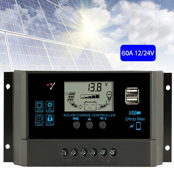 Solar Charge Controller 60A, Intelligent Battery Regulator for Solar Panel LCD Display with USB Port 12V/24V (60A) - Robodo