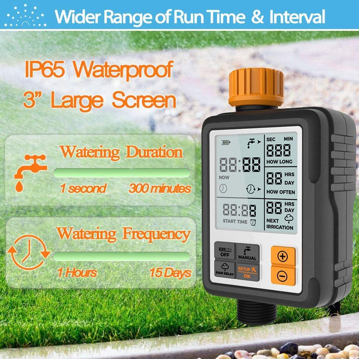 Drip Irrigation Water Timer Digital Controller Fully Automatic Adapters Batteries Included Child Lock Feature Programmable Garden Lawn Hose Faucet System Auto & Manual Mode 3Inch Large Screen - Robodo