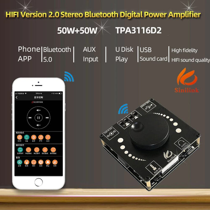Mini Wireless Amplifier Bluetooth 5.0, 50W+50W Dual Channel DIY Speaker DC5-24V Audio Amplifier - Robodo