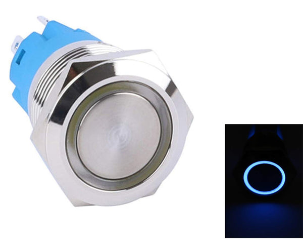 16mm Big Size Waterproof Latching Flat Round Stainless Steel Metal Push Button Switch LED Light (Blue) 250V