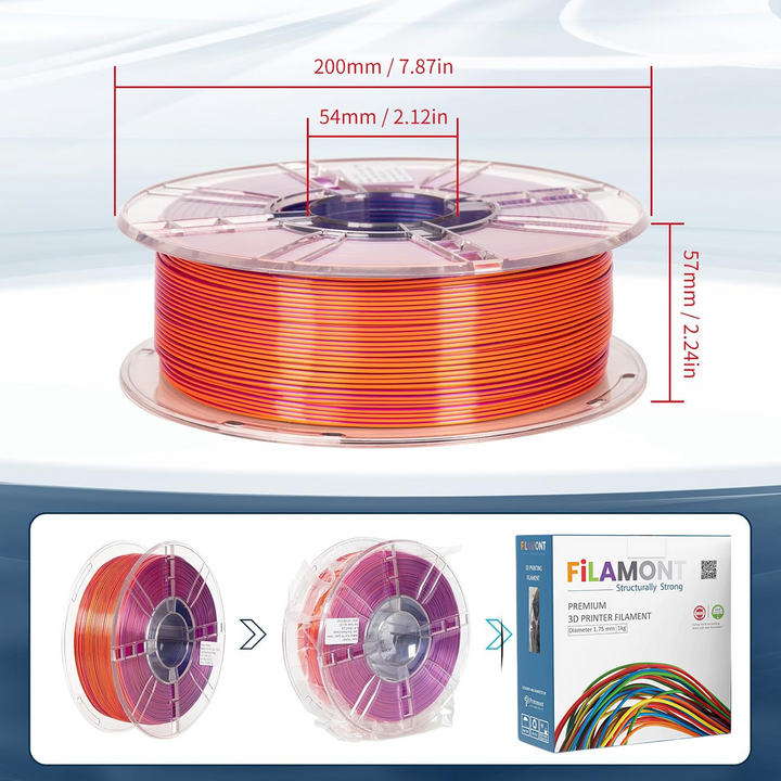 Filamont Silk Tri Color Blue, Purple, and Orange 3D Printer Filament ...