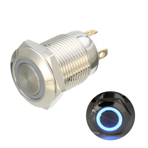 12mm 12V Ring Light Self-Lock Non-Momentary Metal Push-button Switch-Blue Light - Robodo