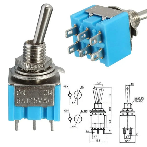 Mini MTS-203 6-Pin DPDT 6A 125VAC Toggle Switch (Pack of 5) - Robodo