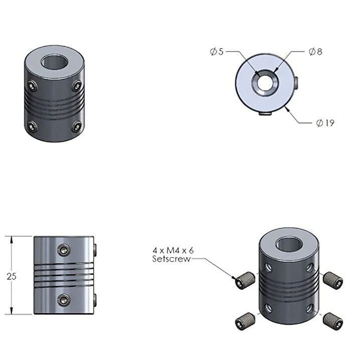 5mm to 8mm Flexible Couplings 25mm Length 19mm Diameter Shaft Couplings for 3D Printer and CNC Machine.
