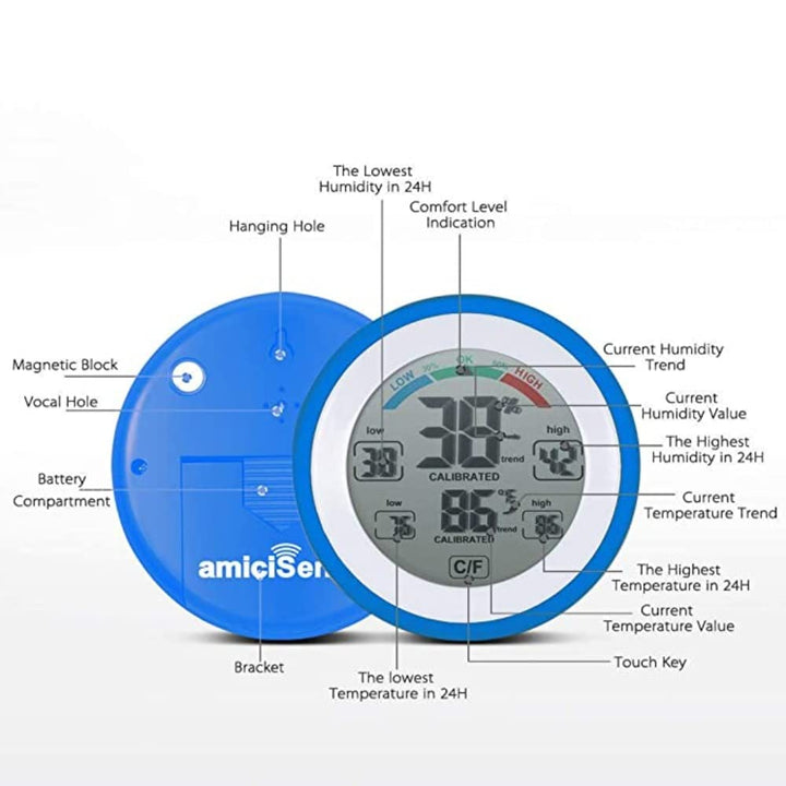 Digital Weather Station, Thermometer Hygrometer for Indoor Temperature and Humidity Monitoring with Touch Display and 2xAAA Battery.