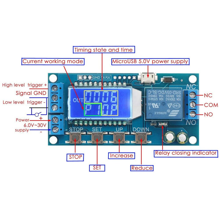 XY-LJ02 6-30V Micro USB, Digital LCD Display Time, Delay Relay Module, Control Timer Switch, Trigger Cycle Timing.