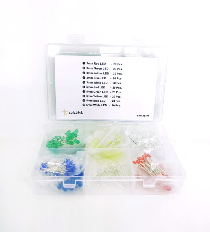 Eklektik 200Pcs 3mm & 5mm Mini 5 Colors Assorted Red Yellow White Green Blue Round 2-pin Diffused LED Light Emitting Diodes Kit Set with Labeled Plastic Storage Box.
