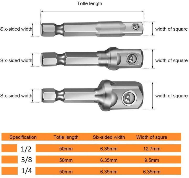 AZDS2-0XDQSA4 Hex Drive Power Drill Socket Extension Bit Adaptor Set - Pack of 3 Pieces.