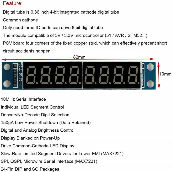 MAX7219 Led Module 8-Digit 7 Segment Digital LED Display Tube for Arduino compatible 51/AVR/STM32.