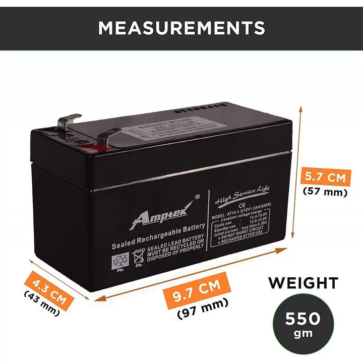 Amptek 12 Volt 1.3 Ah Sealed Lead Acid SMF Vrla Rechargeble Battery for robotics.