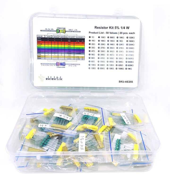 Eklektik 1000 Pcs 50 Values Resistor Kit 1 Ohm-1M Ohm with 5% 1/4 W Metal Film Resistors Assortment (20pcs each Value).
