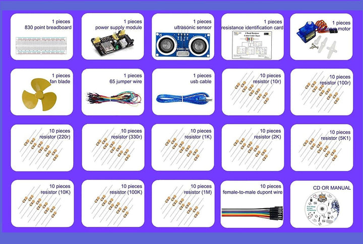 Eklektik The Basic Starter kit for Compatible with UNO R3, Breadboard, LED, Resistor,Jumper Wires and Power Supply.