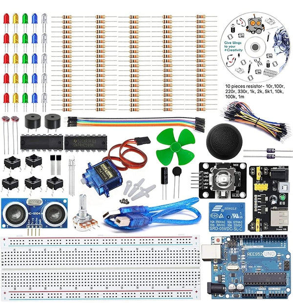The Basic Starter kit for Compatible with UNO R3, Breadboard, LED, Resistor,Jumper Wires and Power Supply.