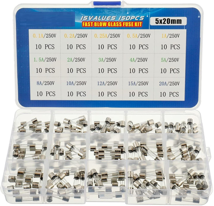 15 Values 150 pcs Fast Blow Glass Fuses Assortment Kit 5x20 mm 250 V 0.1 0.2 0.25 0.5 1 1.5 2 3 4 5 8 10 12 15 20 A packag in a Clear Plastic Box.