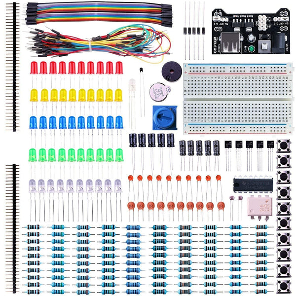 Robodo Fun Kit Bundle with Breadboard Cable Resistor, Capacitor, LED, Potentiometer, Power Supply Module, Male to Female Jumper wire.