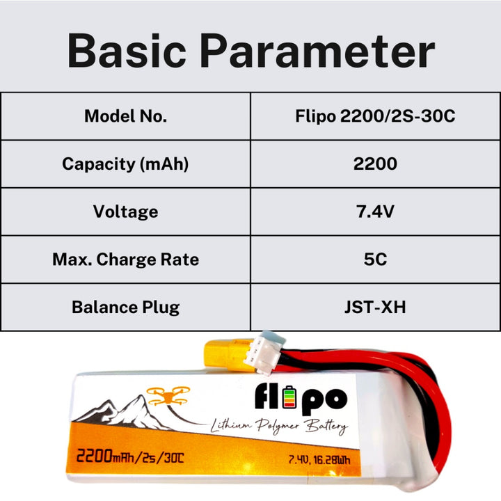 Flipo 2200mAh 2S 30C/60C (7.4V) Lithium Polymer Battery Pack LIPO.