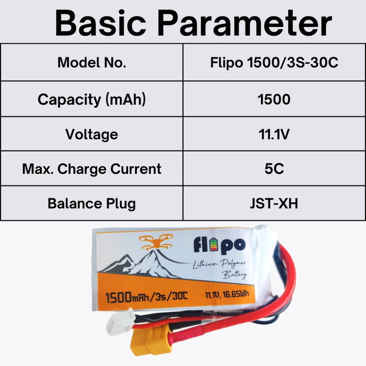 Flipo 1500mAh 3S 30C/60C (11.1V) Lithium Polymer Battery Pack LIPO.