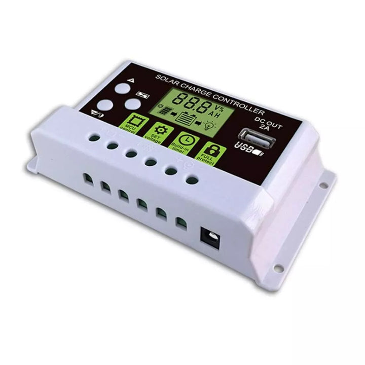 Solar Charge Controller, Intelligent Lithium Battery Regulator for Solar Panel LCD Display with USB Port 12V/24V (10A).