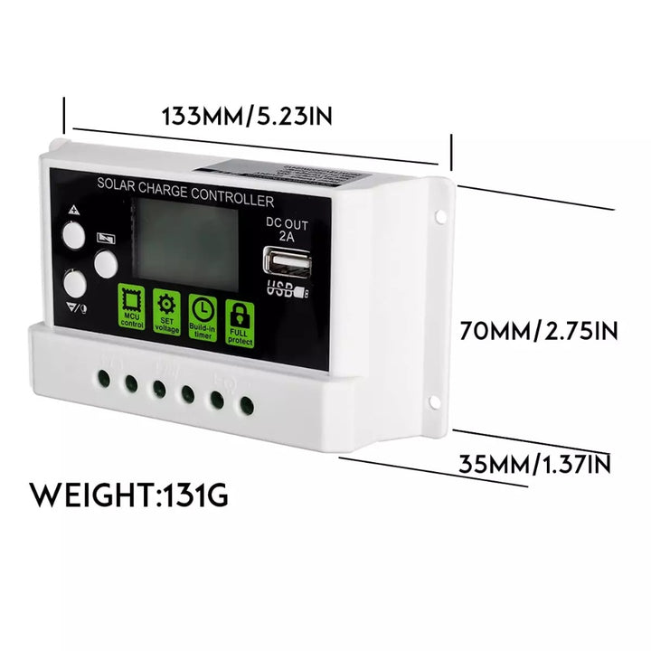 Solar Charge Controller, Intelligent Lithium Battery Regulator for Solar Panel LCD Display with USB Port 12V/24V (10A).