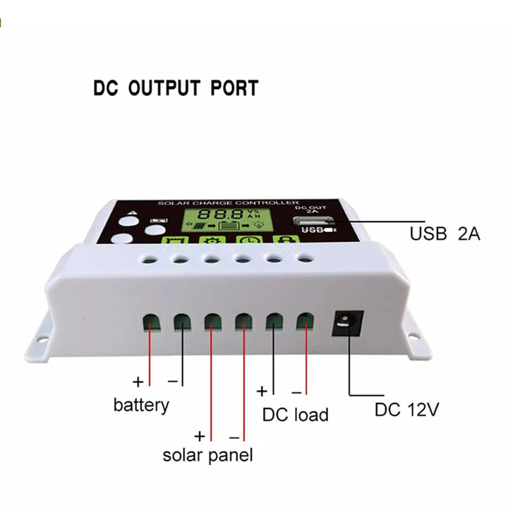 Solar Charge Controller, Intelligent Lithium Battery Regulator for Solar Panel LCD Display with USB Port 12V/24V (10A).