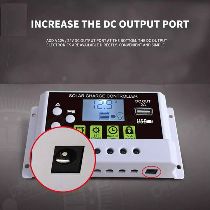 Solar Charge Controller, Intelligent Lithium Battery Regulator for Solar Panel LCD Display with USB Port 12V/24V (10A).