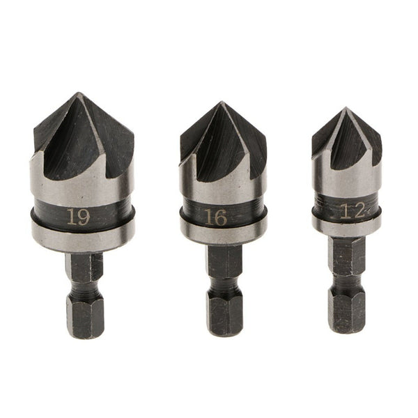 3 Pieces 1 or 4 Inch Hex 12, 16, 19 mm Countersink Power Drill Bit Bore Set for Wood Metal