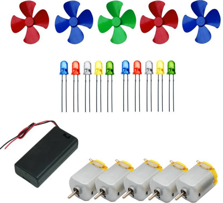 5Pcs 3V to 9V DC Flat Small Size Toy Motor with Multi Color 5 Pcs Toy Motor Fan and 10 PC LED and 1 PC AA 2 Cell Battery Holder with On Off Switch  (Multicolor)