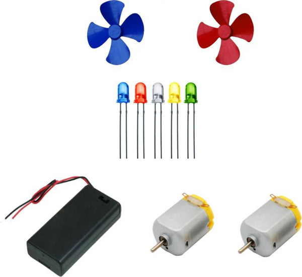 2Pcs 3V to 9V DC Flat Small Size Toy Motor and Multi Color 2 Pcs Toy Motor Fan + 5 PC LED + AA 2 Cell Battery Holder with On Off Switch  (Multicolor)
